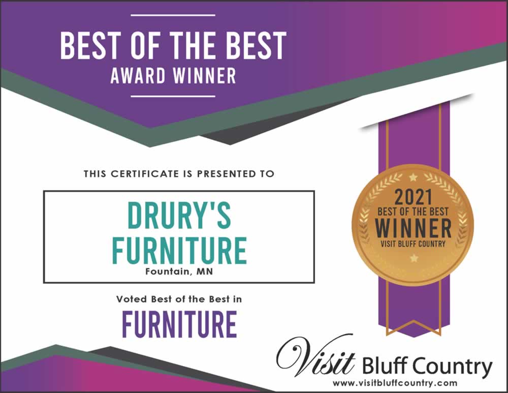 The best furniture store in Bluff Country at Drury's Furniture in Fountain MN