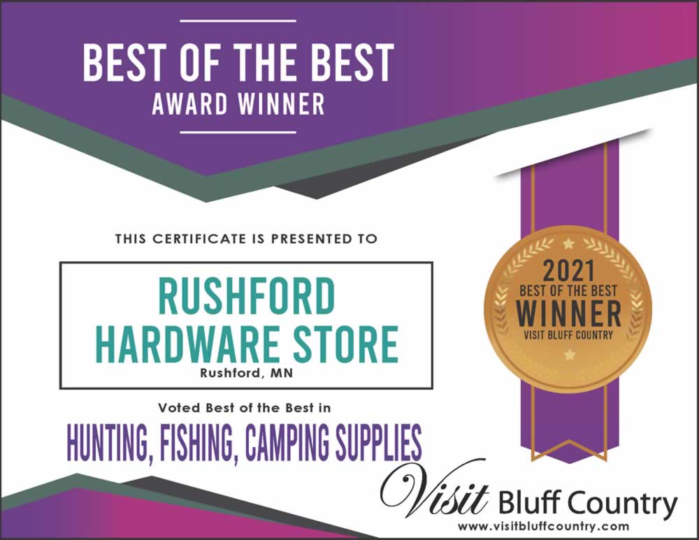 The best store for hunting fishing camping supplies in Bluff Country at Rushford Hardware in MN