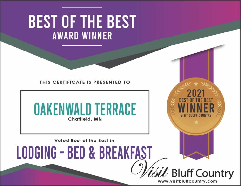 The best lodging Bed and Breakfast in Bluff Country at Oakenwald Terrace in Chatfield MN