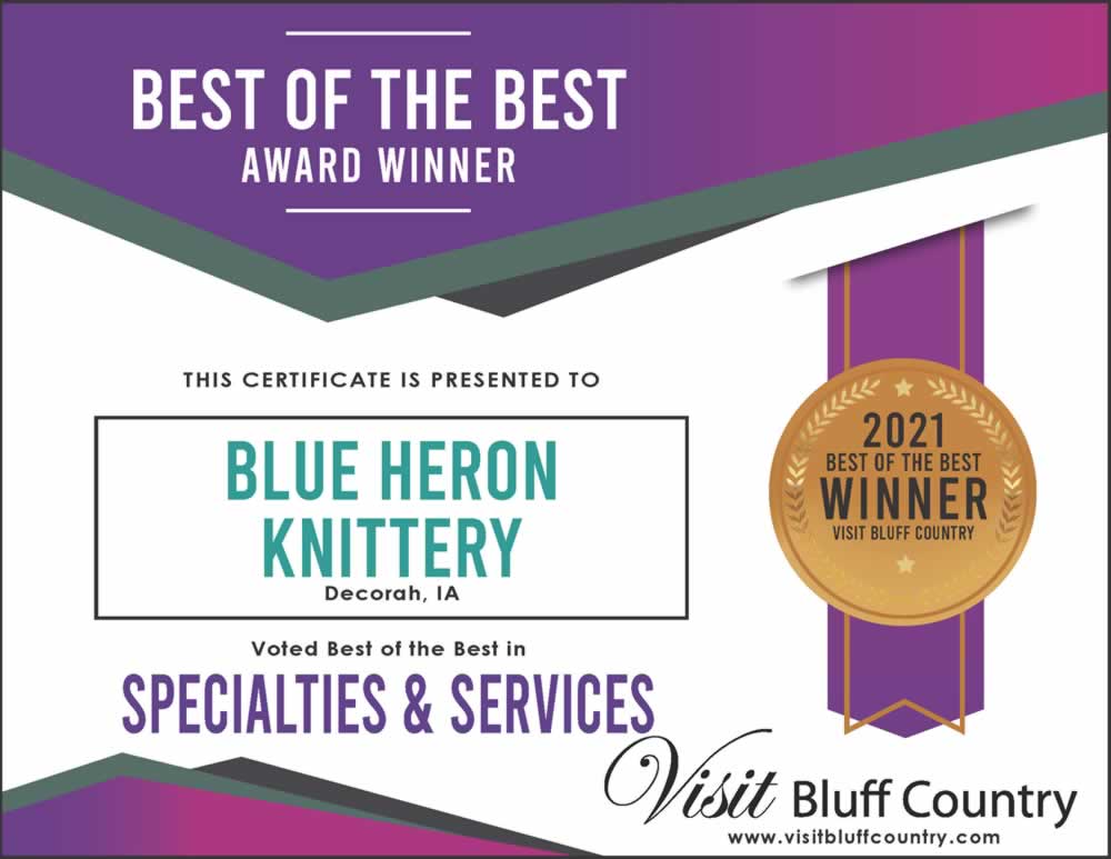 The best specialty store in Bluff Country is Blue Heron Knittery in Decorah, IA